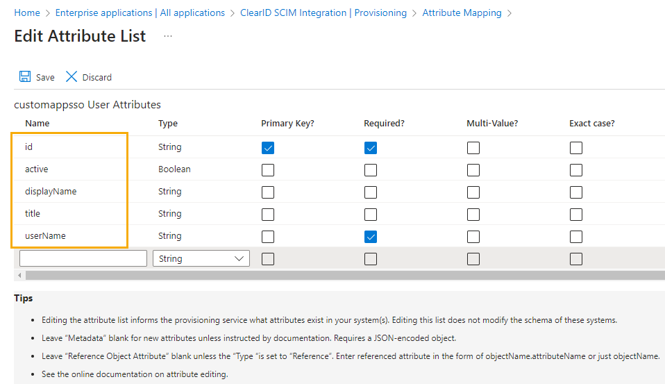 Editar la página de la lista de atributos en Microsoft Azure que muestra los atributos de usuario de customappsso con los cinco atributos resaltados.