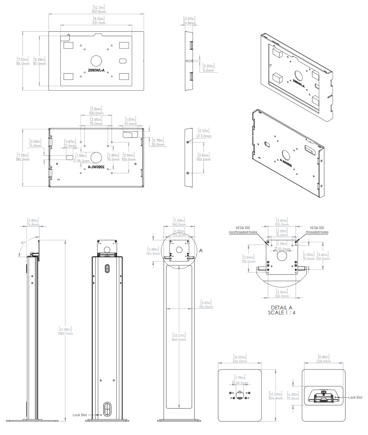 Un diagrama con especificaciones para el pedestal para ClearID Self-Service Kiosk.