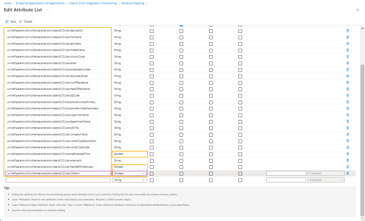 Editar la página de la lista de atributos en Microsoft Azure que muestra los atributos de usuario de customappsso con atributos agregados de manera reciente resaltados.