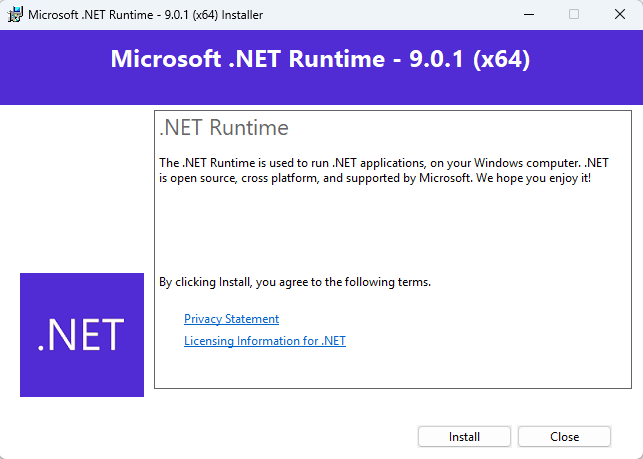 El asistente de instalación de Microsoft .NET Runtime.