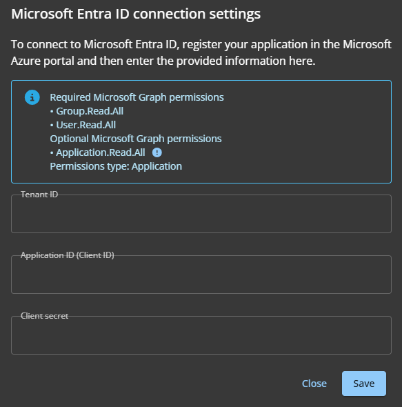 El cuadro de diálogo de configuración de conexión de Microsoft Entra ID en el portal ClearID que muestra información de configuración, incluido el ID del inquilino, el ID de la aplicación y el secreto del cliente.