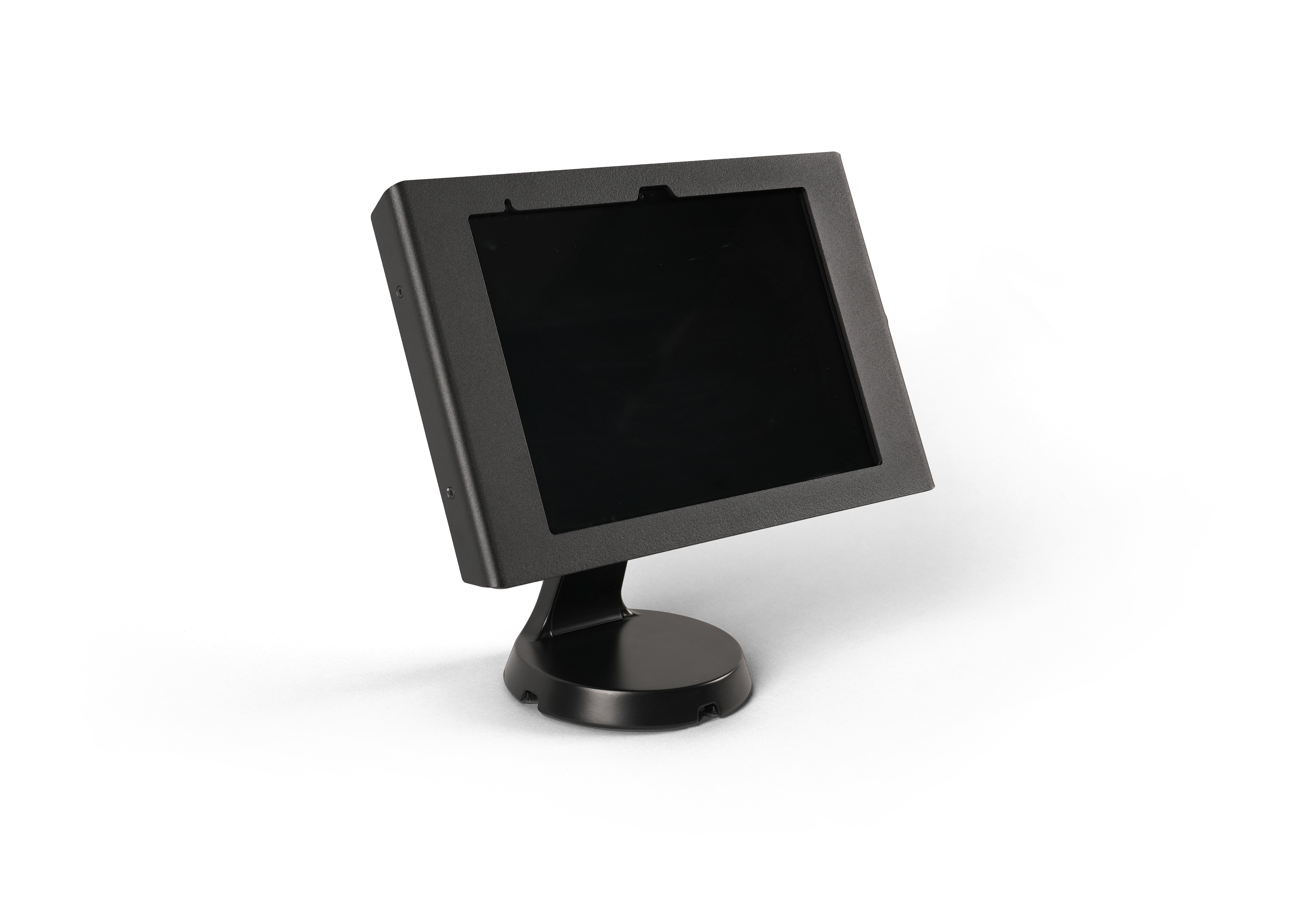 Ejemplo de la aplicación móvil Genetec ClearID™ Self-Service Kiosk que muestra la pantalla de bienvenida en un iPad con opción de soporte de mesa.