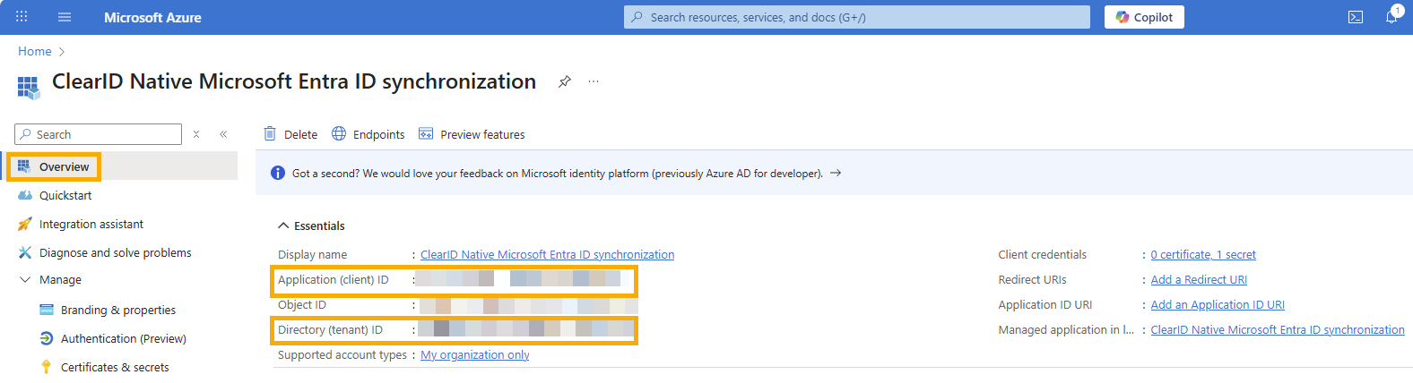 La página de información general de la aplicación empresarial en el portal web de Azure con el ID de inquilino y el ID de aplicación resaltados.