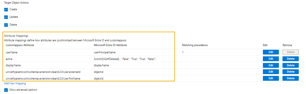 Página de Asignaciones de Atributos en Microsoft Azure que muestra la asignación mínima requerida para la Sincronización de SCIM.