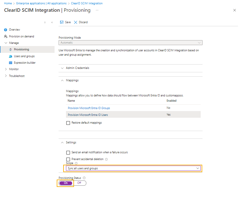 Página de aprovisionamiento en Microsoft Azure con Sincronizar a todos los usuarios y grupos y configuraciones de aprovisionamiento resaltadas.