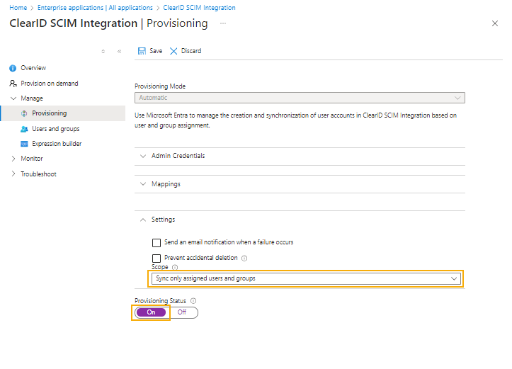 Página de aprovisionamiento en Microsoft Azure con Sincronizar a todos los usuarios y grupos asignados y configuraciones de aprovisionamiento resaltadas.