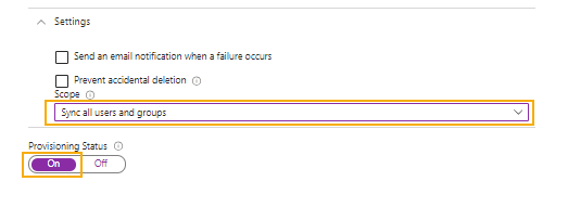 Página de aprovisionamiento en Microsoft Azure con Sincronizar a todos los usuarios y grupos y configuraciones de aprovisionamiento resaltadas.