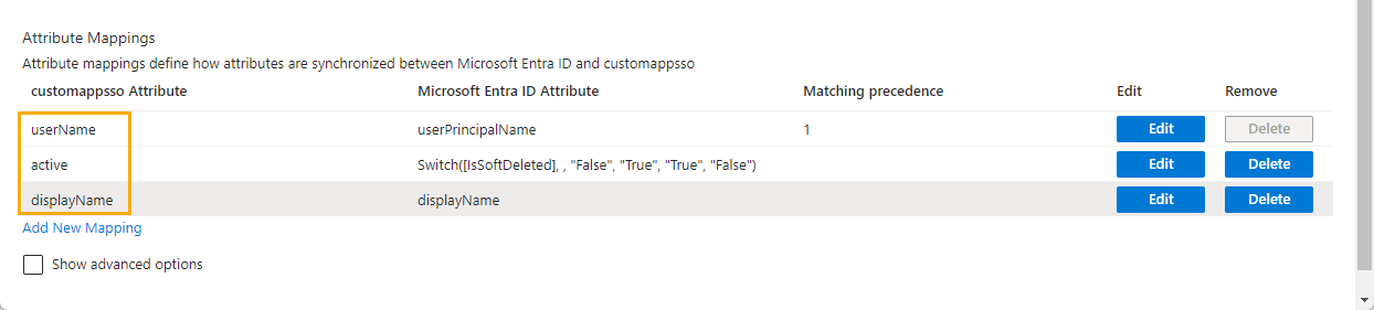 Página de asignación de atributos en Microsoft Azure que muestra el objeto de origen del usuario con tres atributos resaltados.