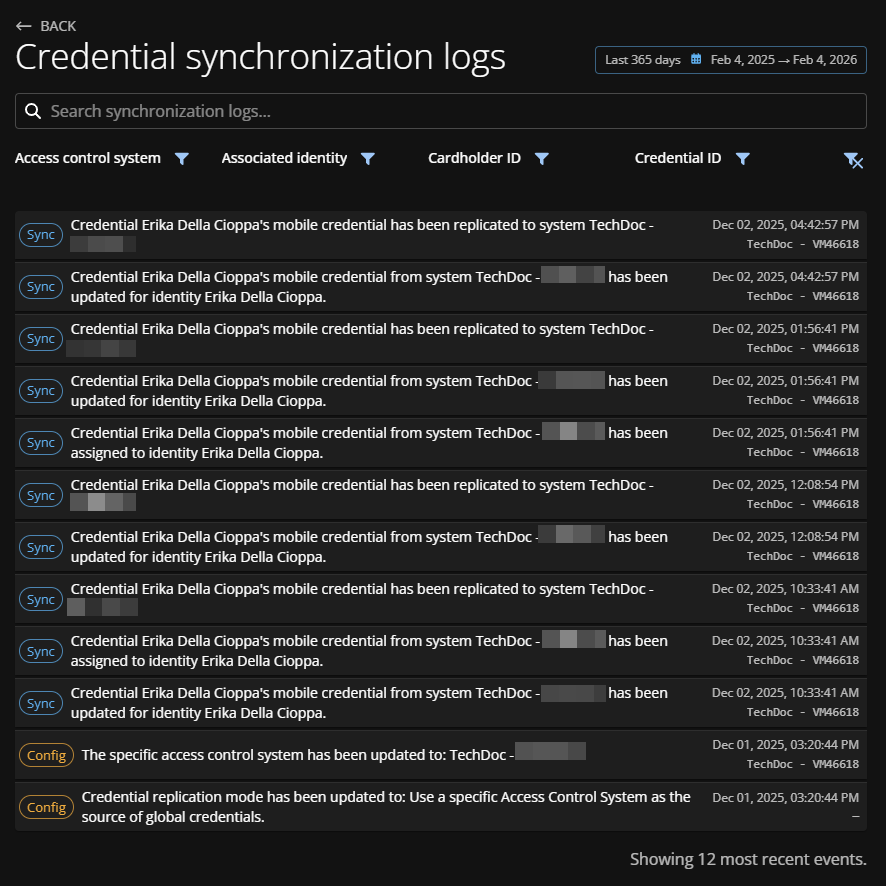 Registro de credenciales en ClearID que muestra algunas actividades de registros de auditoría de credenciales.