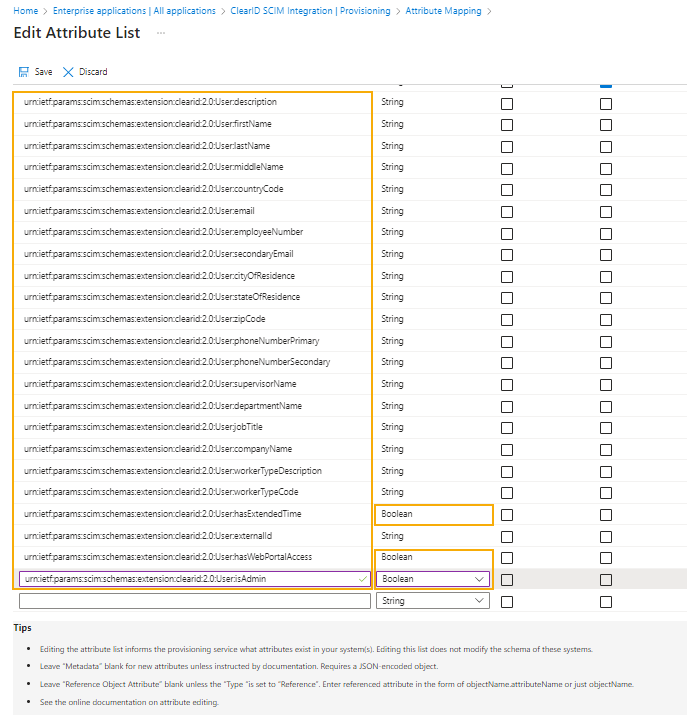 Editar la página de la lista de atributos en Microsoft Azure que muestra los atributos de usuario de customappsso con atributos agregados de manera reciente resaltados.