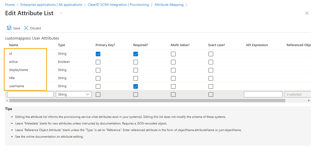 Editar la página de la lista de atributos en Microsoft Azure que muestra los atributos de usuario de customappsso con los cinco atributos resaltados.