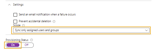 Página de aprovisionamiento en Microsoft Azure con Sincronizar a todos los usuarios y grupos asignados y configuraciones de aprovisionamiento resaltadas.