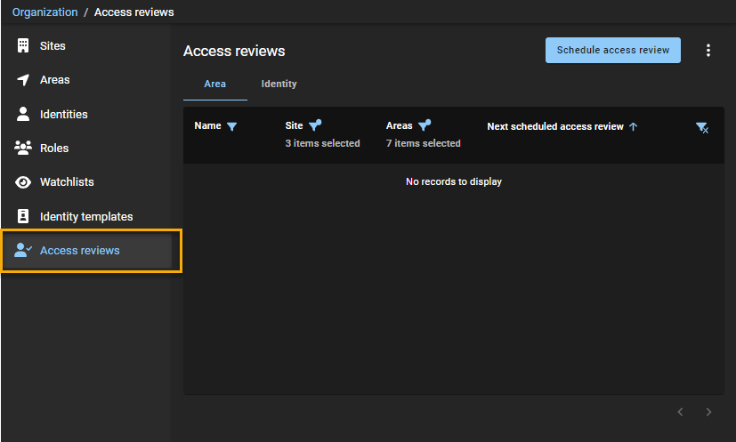 Página de revisiones de acceso en ClearID con la nueva ubicación de la página de revisiones de acceso resaltada.