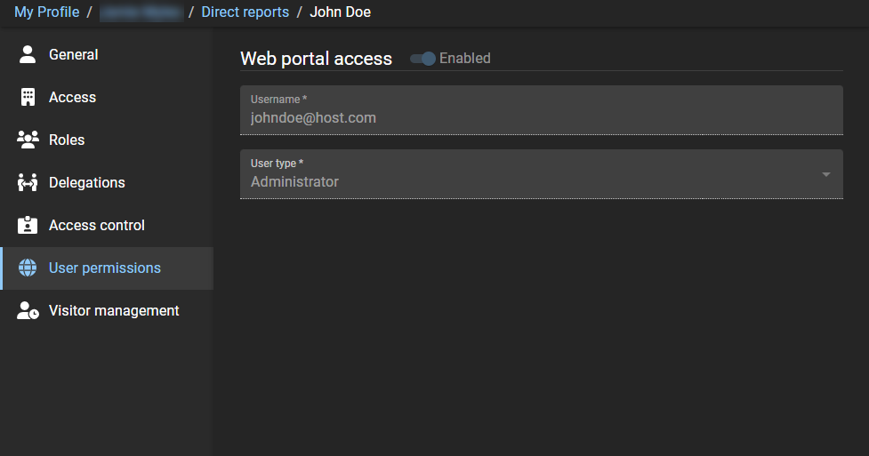 Página de permisos de usuario en ClearID con los permisos de acceso al portal web para un subordinado inmediato.