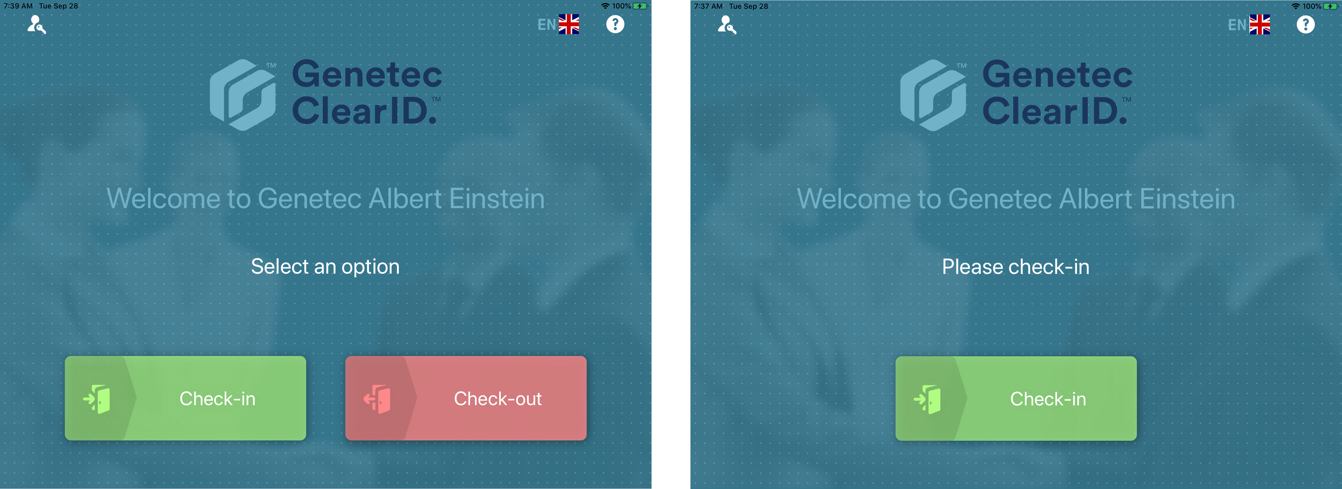 Dos ejemplos de pantallas de bienvenida en ClearID Self-Service Kiosk que muestran las opciones de registro de entrada y de salida.