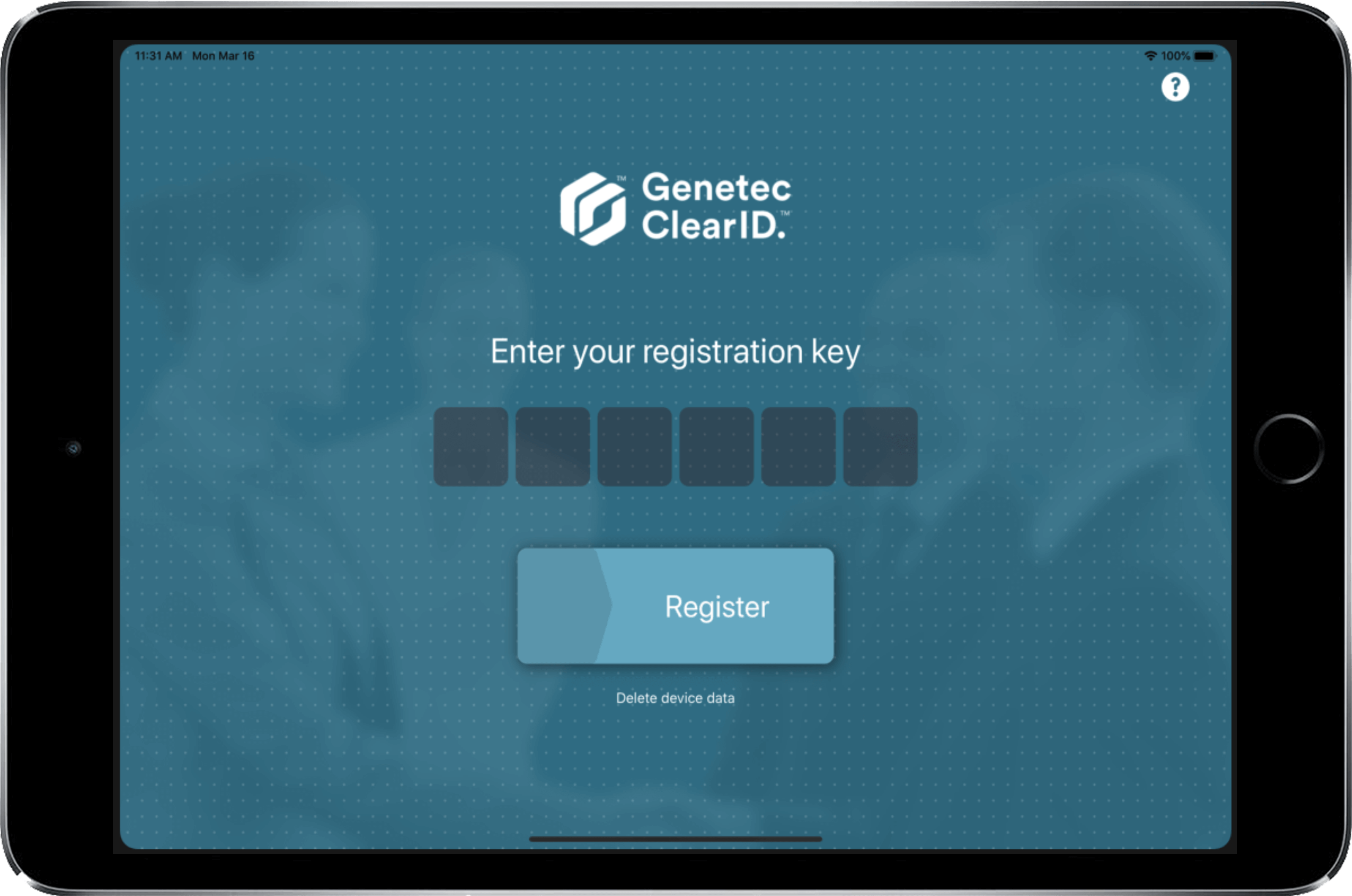 Ejemplo de la aplicación móvil Genetec ClearID Self-Service Kiosk que muestra la pantalla de clave de registro.