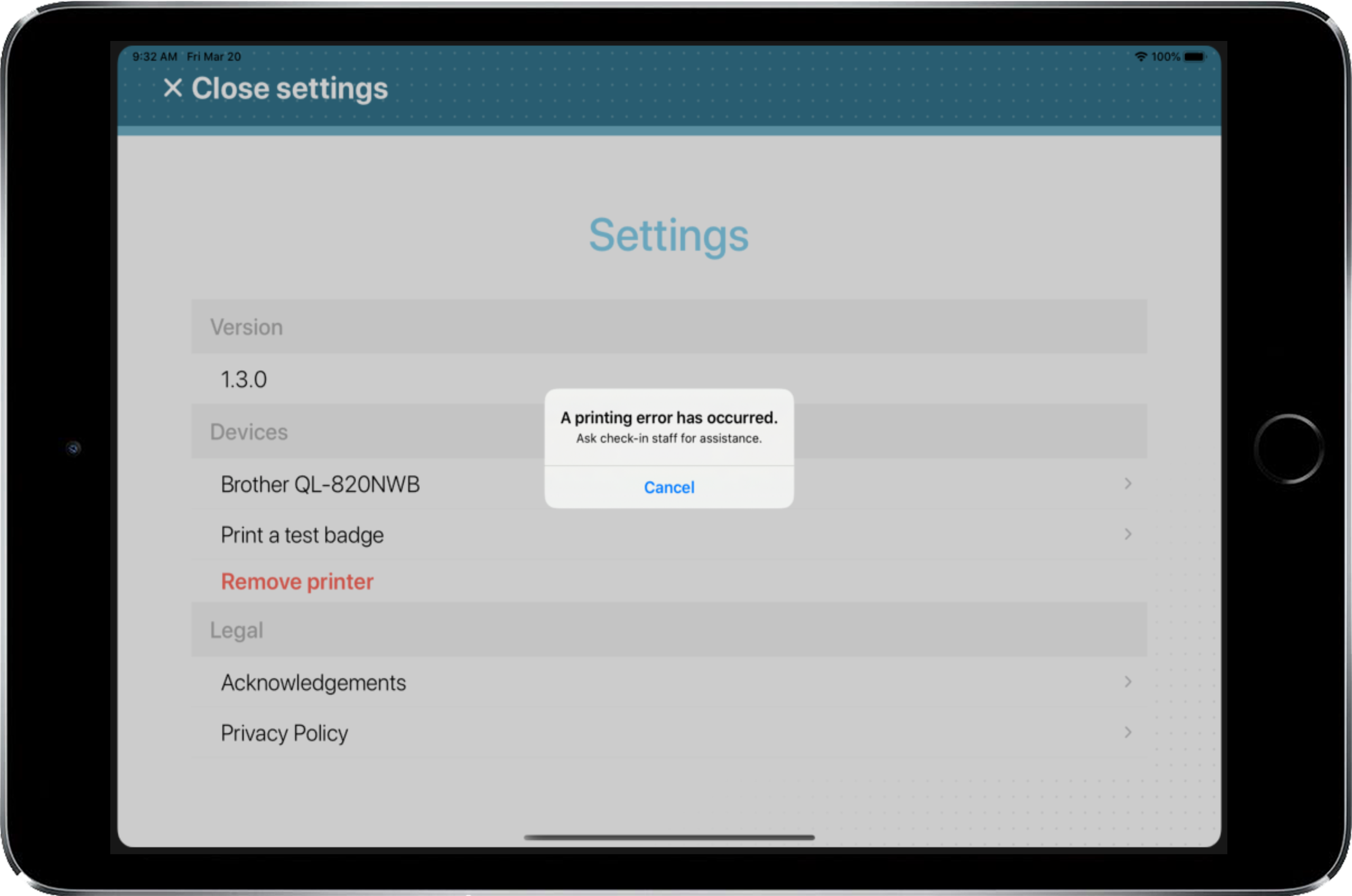 Apple iPad que muestra la página de configuración de la aplicación móvil ClearID Self-Service Kiosk con un mensaje de error de impresión.