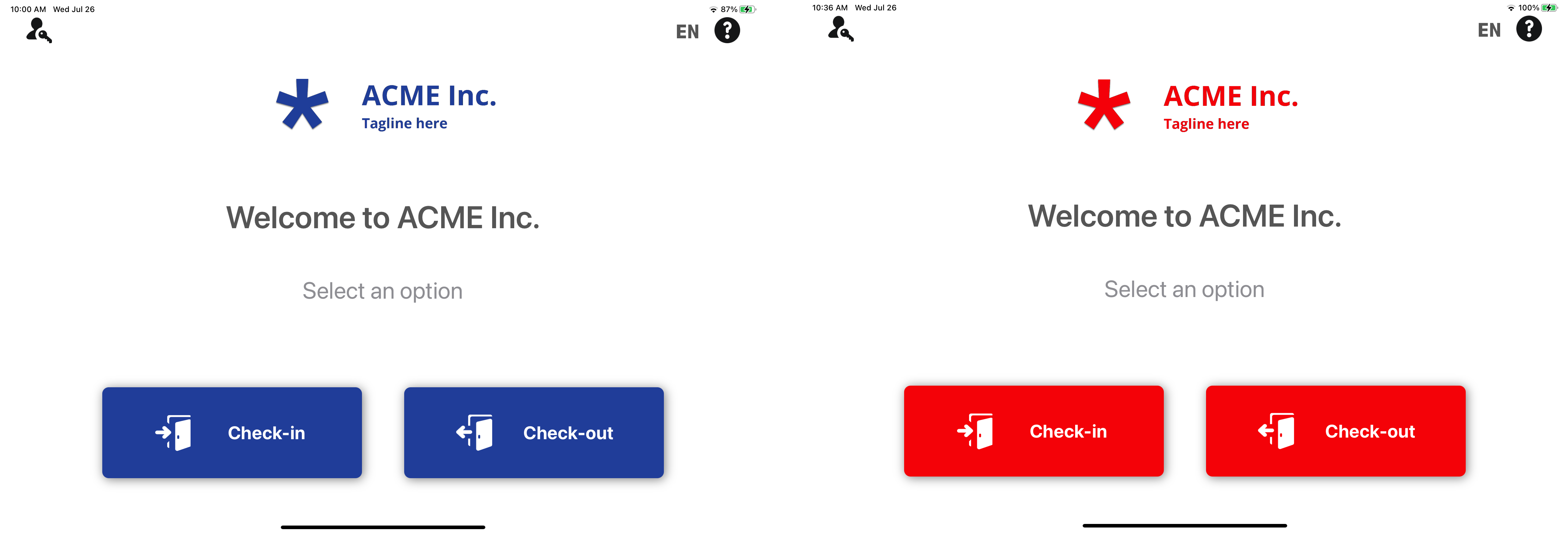 Dos ejemplos de pantalla de bienvenida en el ClearID Self-Service Kiosk que muestran la personalización del tema del quiosco.