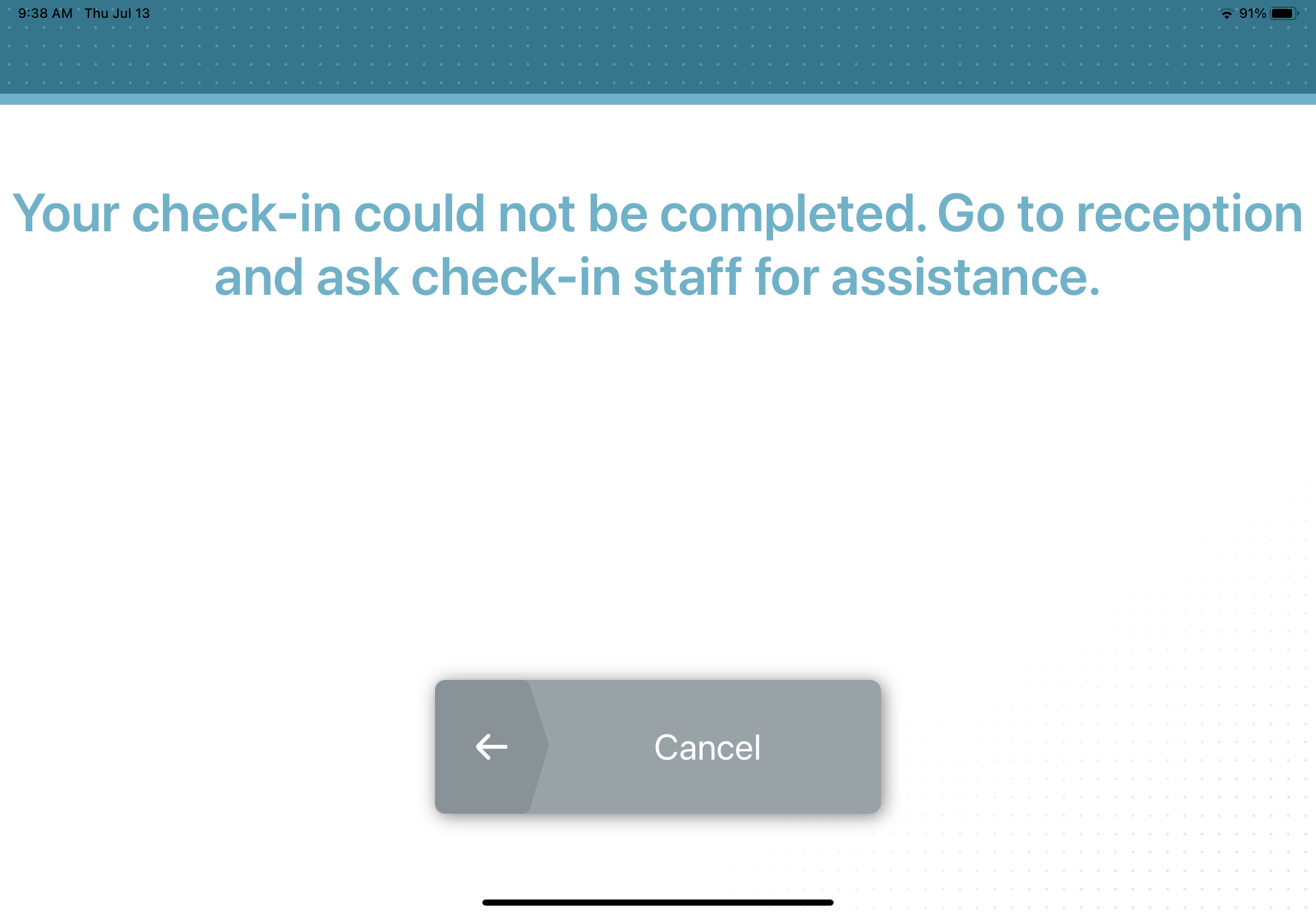 La aplicación móvil ClearID Self-Service Kiosk muestra el mensaje de error "No se pudo completar el registro de entrada".