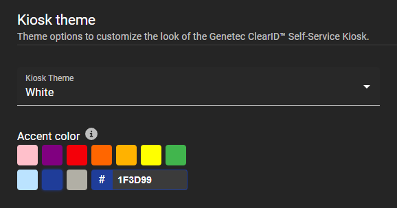 Sección de tema de quiosco de la página de administración de visitantes para sitios en ClearID que muestra el tema de quiosco y las opciones de color de acento.