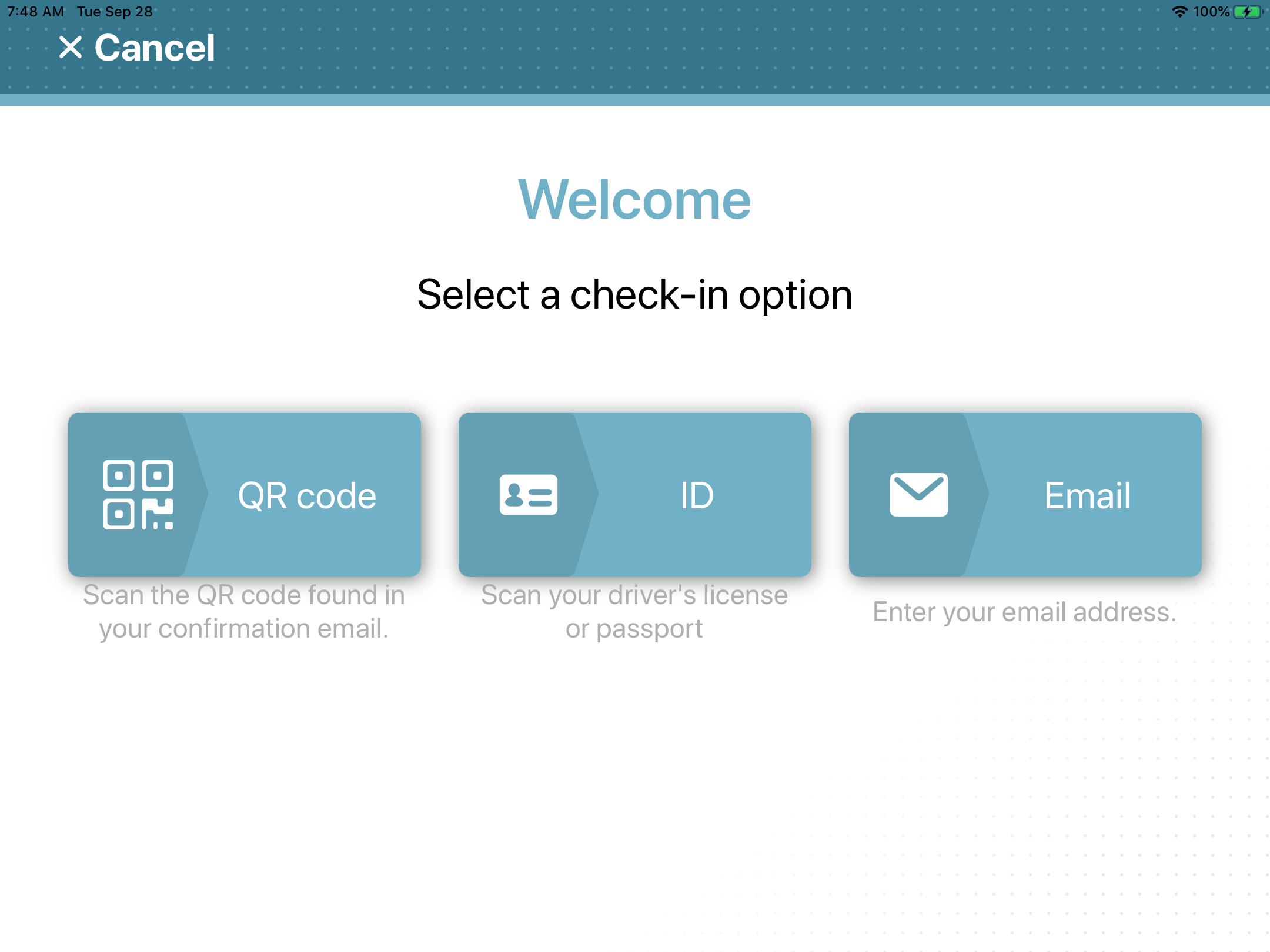 Página de bienvenida en Genetec ClearID Self-Service Kiosk que muestra tres opciones de registro de entrada.