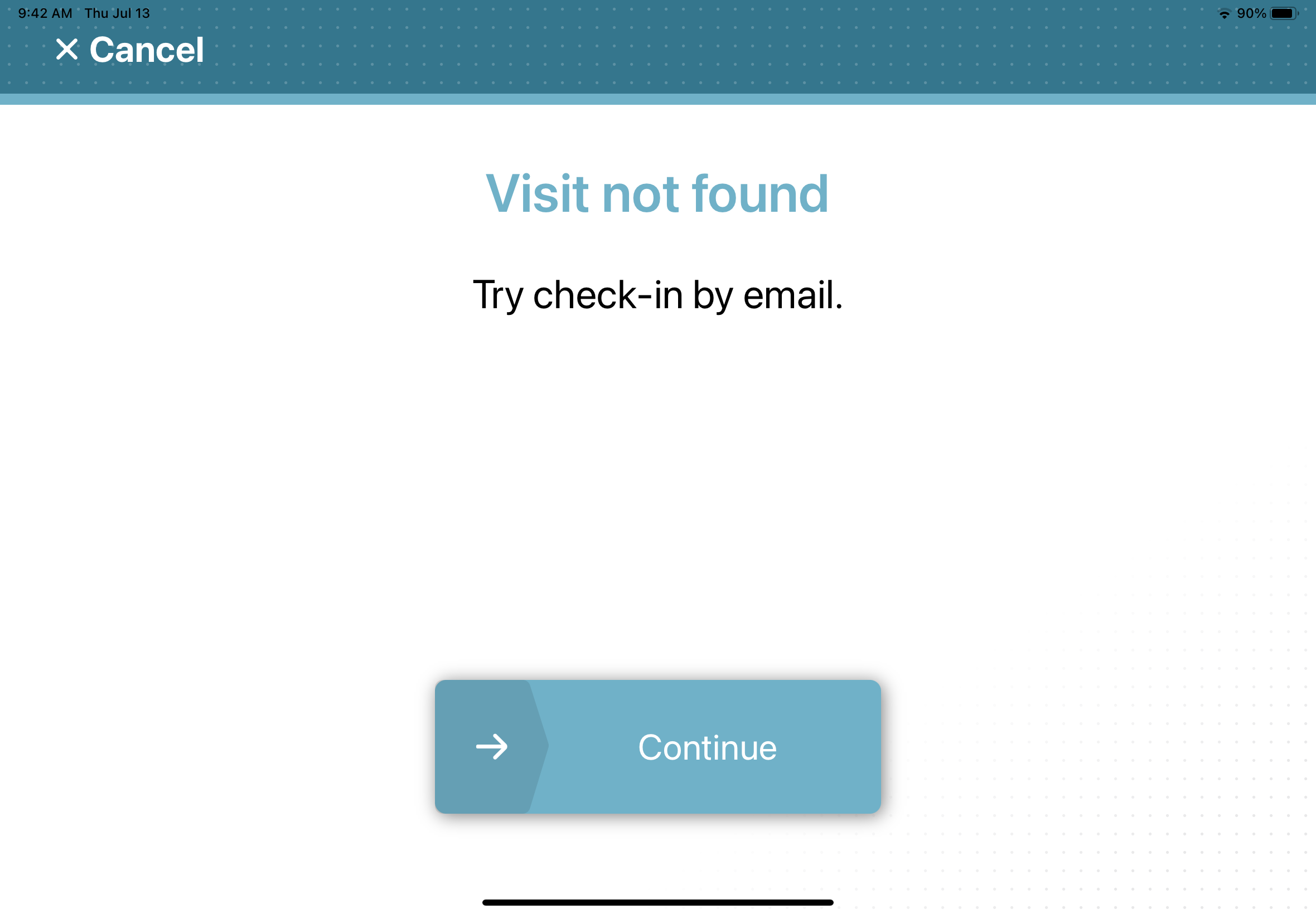 La aplicación móvil ClearID Self-Service Kiosk muestra el mensaje de error de visita no encontrada.