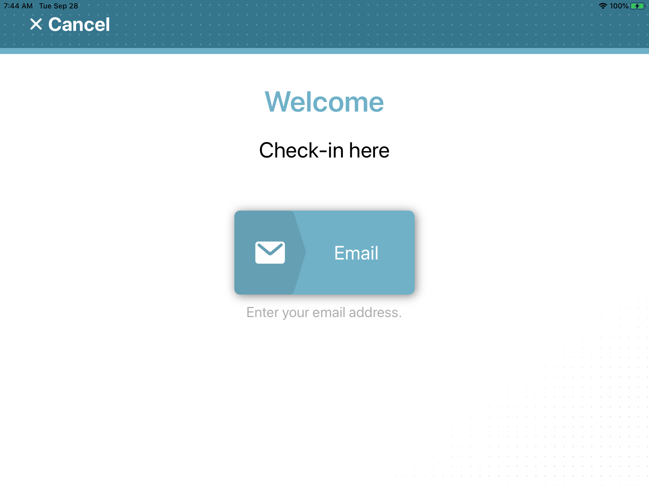 Página de bienvenida en Genetec ClearID Self-Service Kiosk que muestra una opción de registro de entrada.