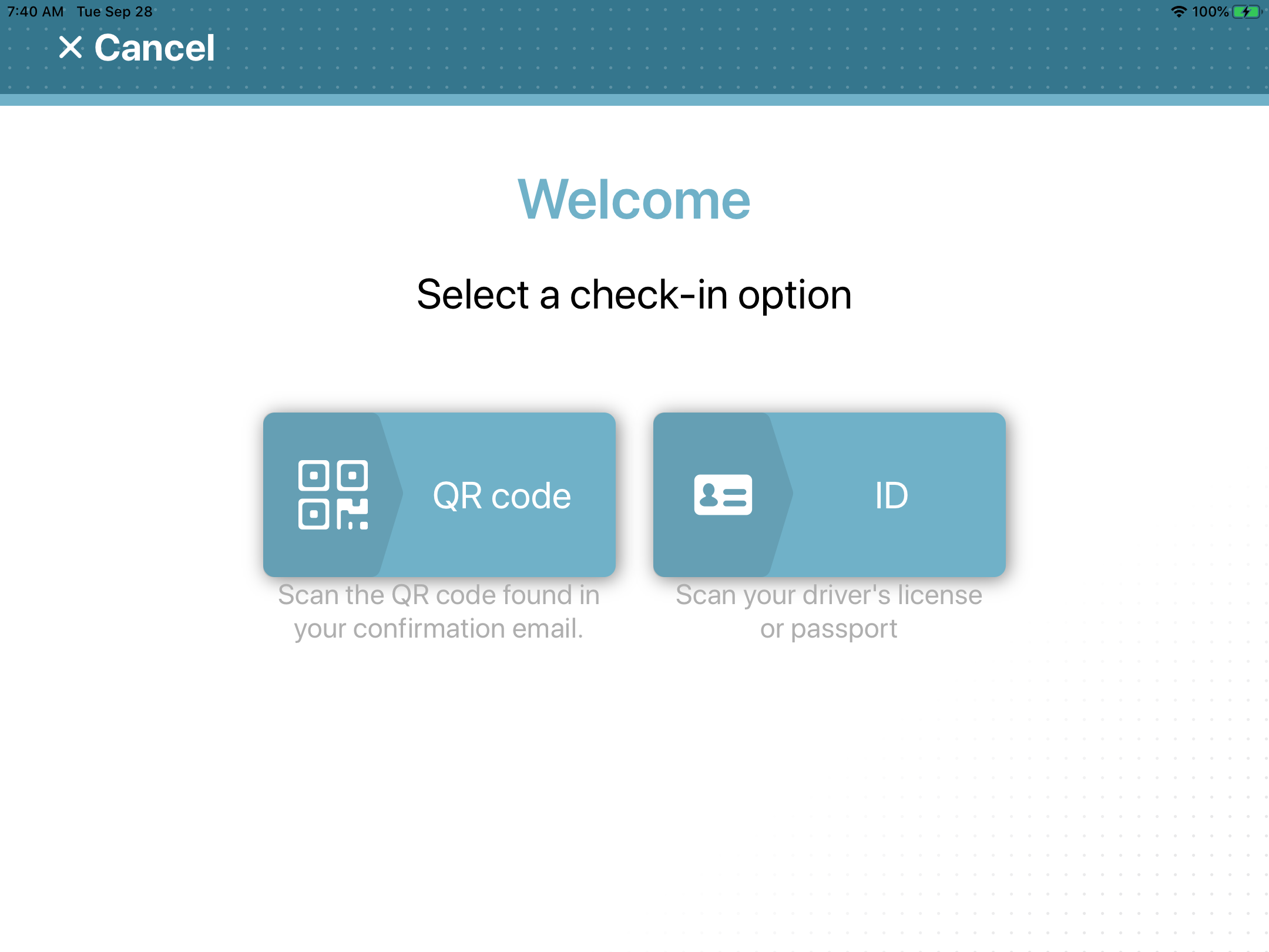 Página de bienvenida en Genetec ClearID Self-Service Kiosk que muestra dos opciones de registro de entrada.