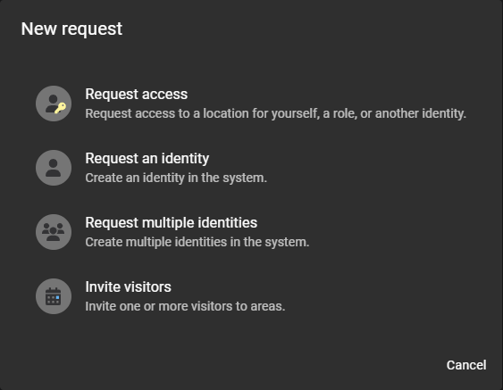 Nuevo cuadro de diálogo de solicitud en ClearID que muestra las opciones de solicitud de acceso, solicitud de identidad, solicitud de múltiples identidades e invitación de visitantes.
