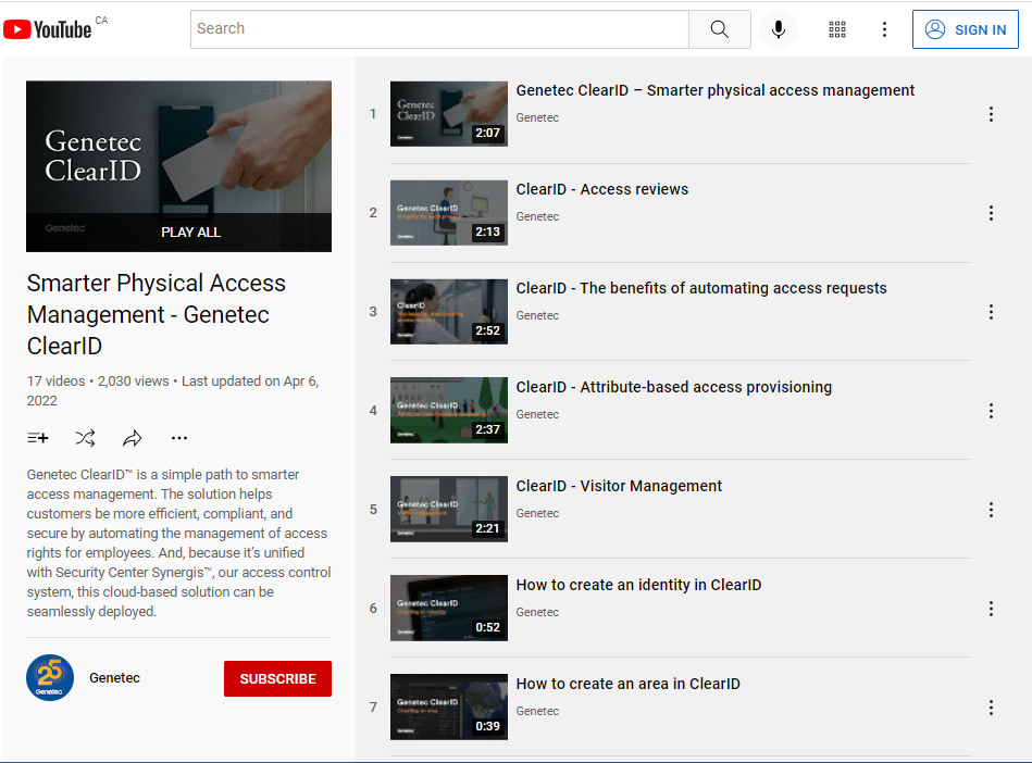 Lista de reproducción de videos de ClearID alojada en YouTube.
