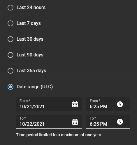 Filtros de Selector de intervalo de fechas en el informe de actividad del usuario de ClearID.