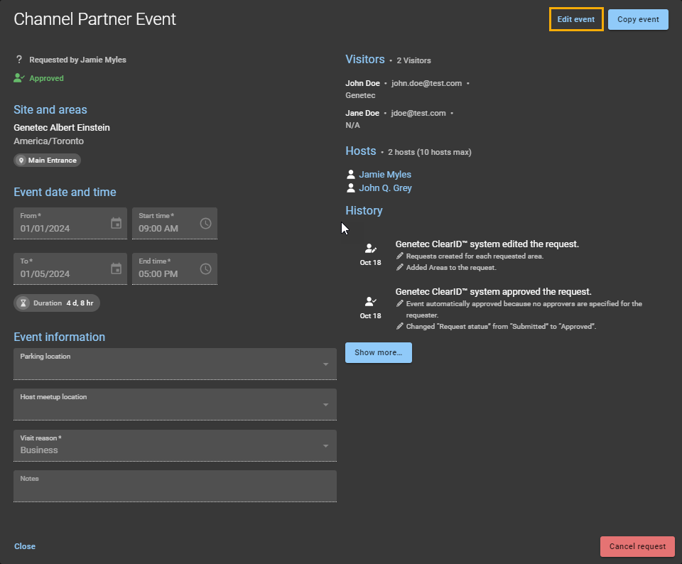 Ejemplo de evento de socio de canal en ClearID con la opción Editar evento resaltada.