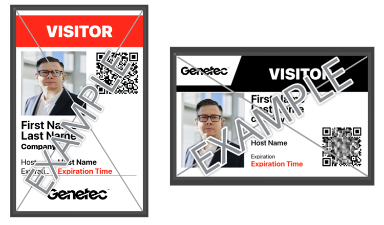 Ejemplos de distintivos de visitantes impresos desde Genetec ClearID Self-Service Kiosk.