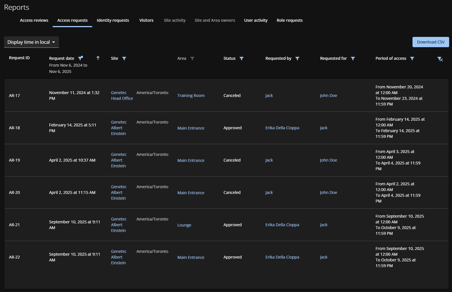 Informe de solicitudes de acceso en Genetec ClearID™ con un sitio seleccionado.