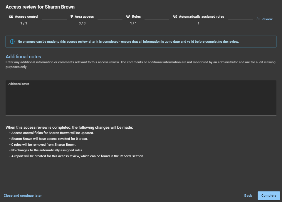 Sección de revisión de una revisión de acceso a la identidad en ClearID.