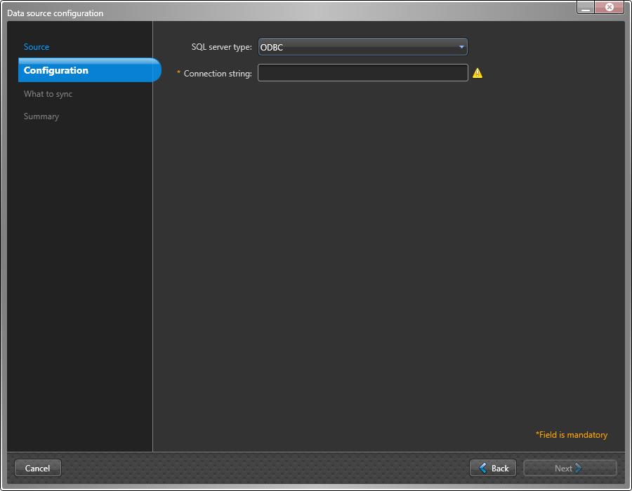 Cuadro de diálogo de configuración de la fuente de datos en ClearID One Identity Synchronization Tool que muestra la página de ajustes de configuración con ODBC seleccionado.