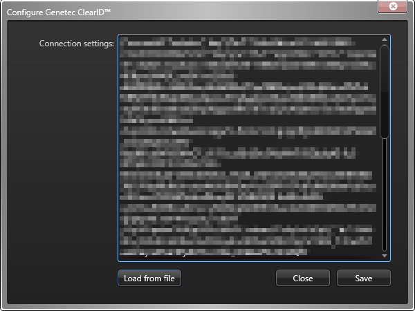 Configure el cuadro de diálogo de Genetec ClearID en ClearID One Identity Synchronization Tool que muestra la configuración de conexión porque está seleccionada una clave de autenticación.