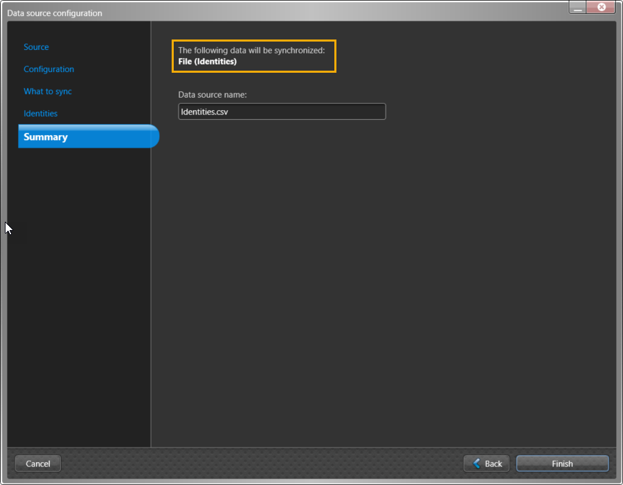 Cuadro de diálogo de configuración de la fuente de datos en ClearID One Identity Synchronization Tool que muestra la información de la página de resumen.