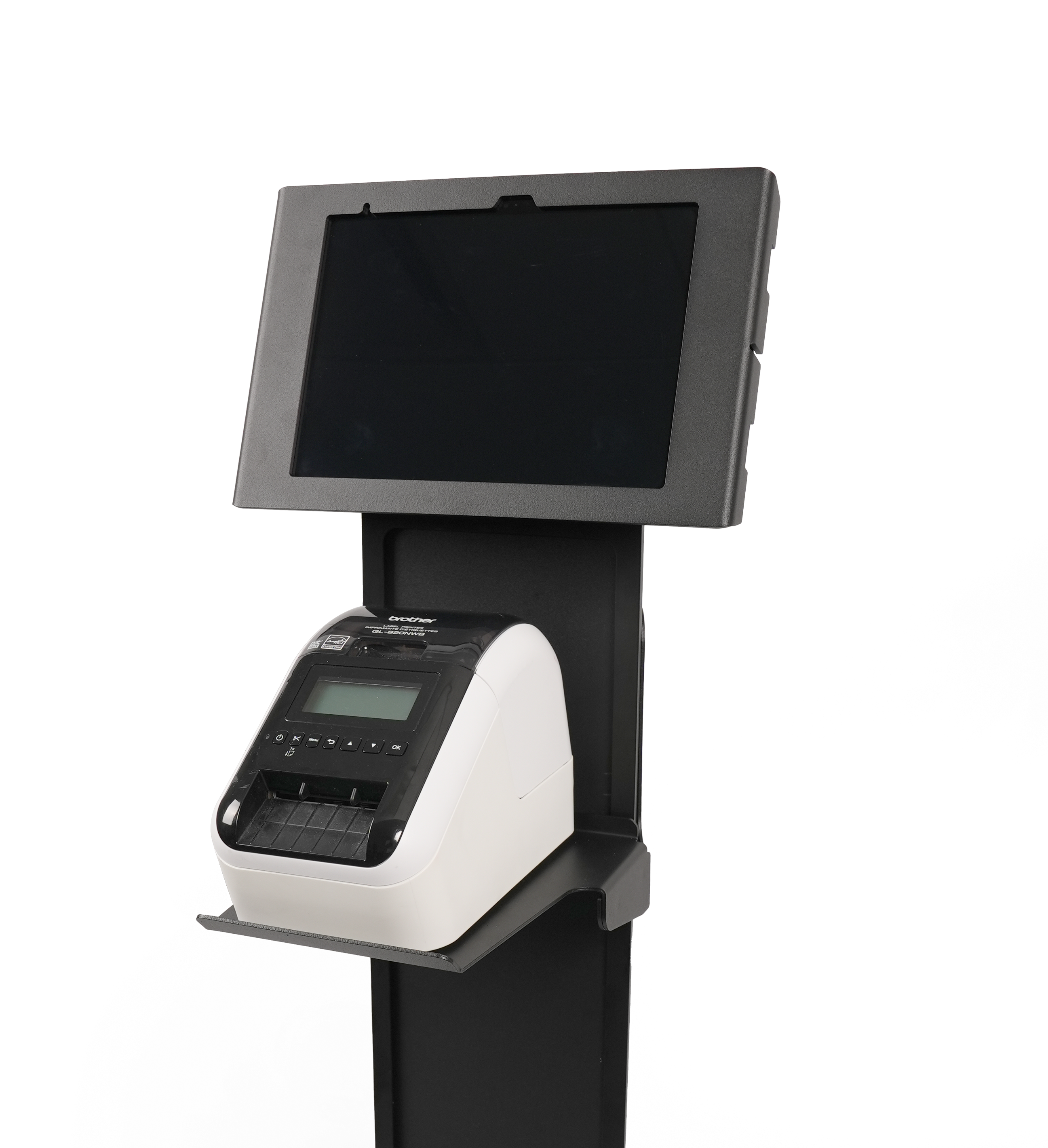 Pedestal del Self-Service Kiosk de ClearID que muestra la impresora de etiquetas en el estante de la impresora.