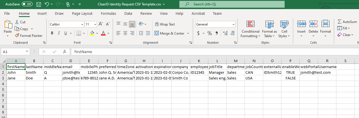 Un archivo CSV de muestra descargado en Microsoft Excel que muestra un ejemplo de datos de identidades de ClearID.