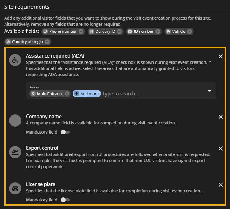 Página de administración de visitantes para sitios en ClearID que muestra la pestaña Información de visita, incluida la configuración de requisitos del sitio con la configuración de los campos disponibles seleccionados resaltados.