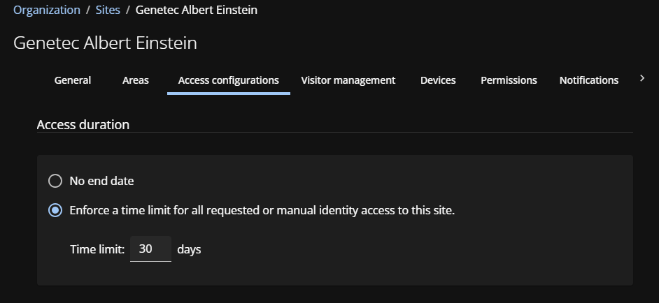 Configuraciones de acceso para un sitio en ClearID que muestran la configuración de duración máxima para las solicitudes de acceso.