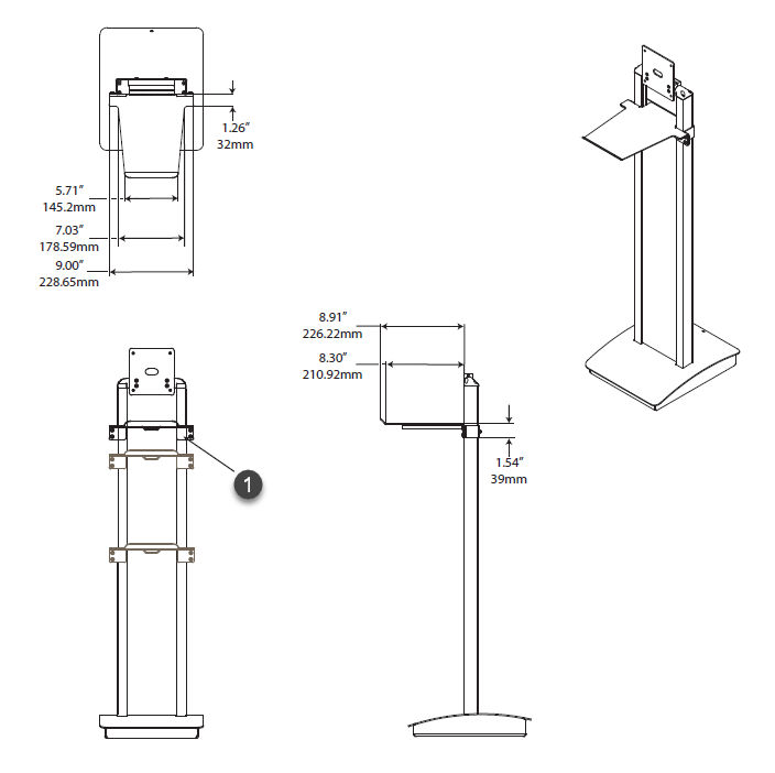 Diagrama del estante para impresoras del soporte de piso de ClearID Self-Service Kiosk que muestra las dimensiones.