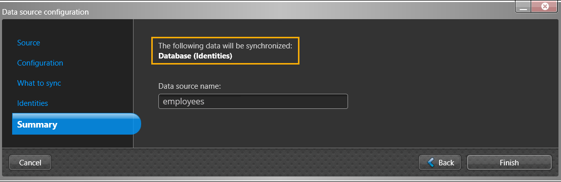 Cuadro de diálogo de configuración de la fuente de datos en ClearID One Identity Synchronization Tool que muestra la página Funciones que incluye los campos de One Identity. campos externos, valores de muestra y configuraciones de claves globales.