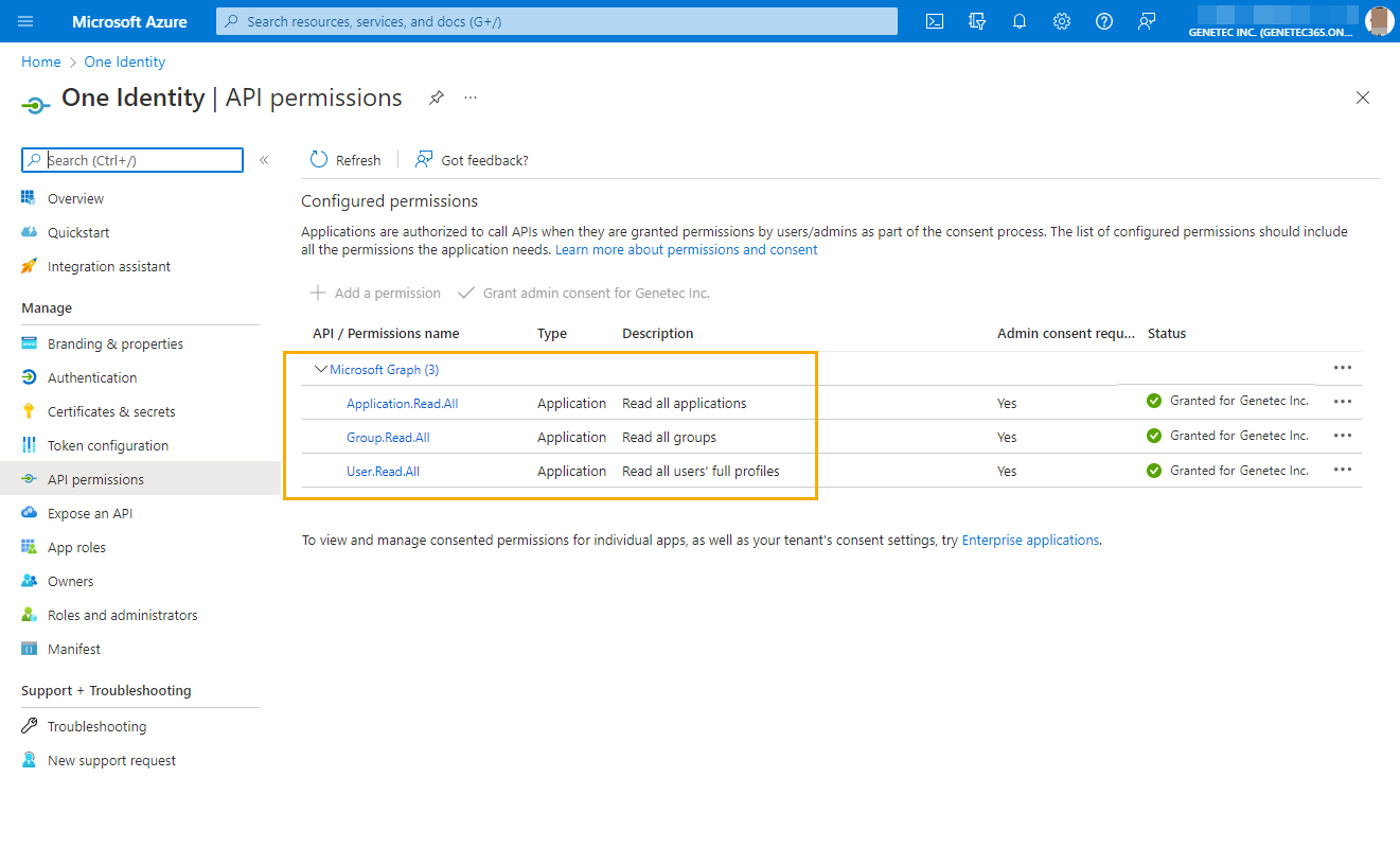 Página de permisos de API en Microsoft Azure que muestra la aplicación One Identity con los permisos de API resaltados.