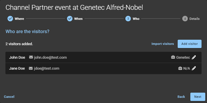 Asistente de eventos de visita en ClearID que muestra una lista de los visitantes invitados.