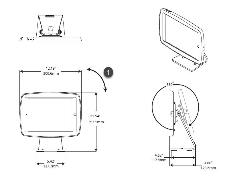 Diagrama del soporte de mesa del quiosco de autoservicio ClearID que muestra las dimensiones de altura y espacio.