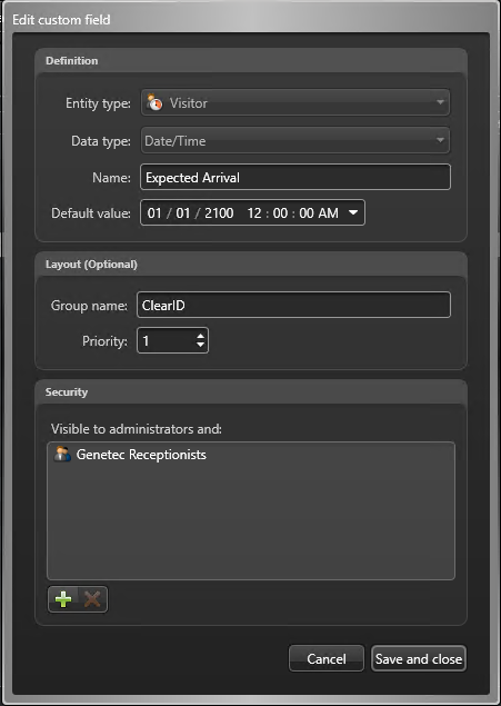 Cuadro de diálogo de Editar campo personalizado en Config Tool que muestra la configuración de Campo personalizado.