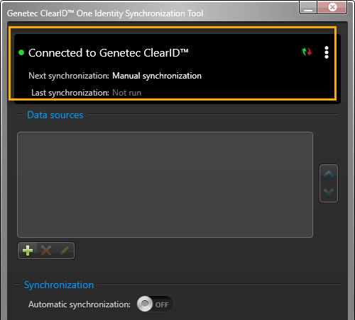 ClearID One Identity Synchronization Tool con estado de conexión e información de sincronización resaltada.