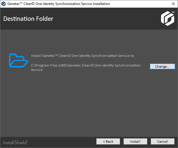 Cuadro de diálogo de instalación de ClearID One Identity Synchronization Tool que muestra la configuración de la carpeta de destino.